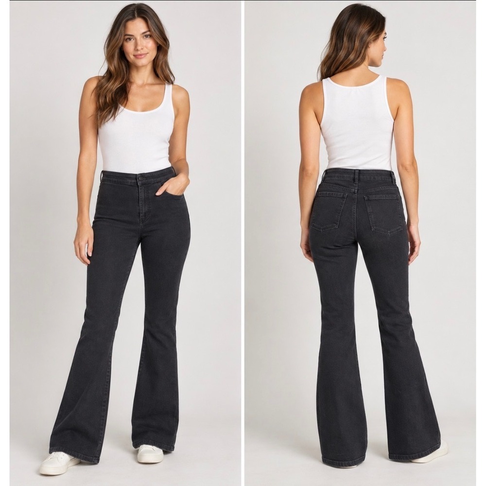 Pilcro Anthropologie Black High Rise Flare Pull On Jeans Sz 30T Stretch Denim